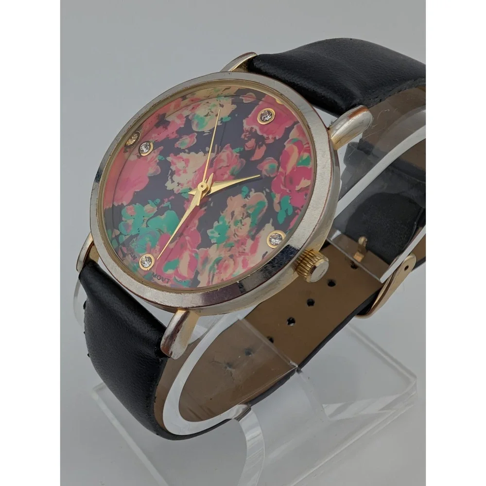 Charming‎ Charlie Watch Women Floral Dial Black Faux Leather Band- New Battery